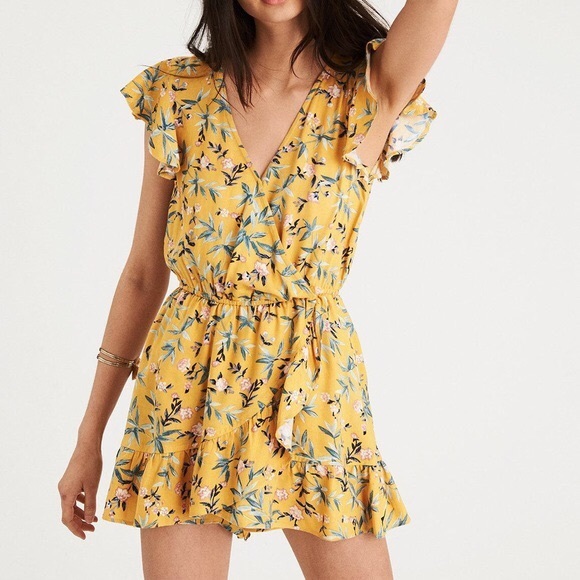 American Eagle Outfitters Pants - AMERICAN EAGLE Yellow Floral Ruffle Romper M